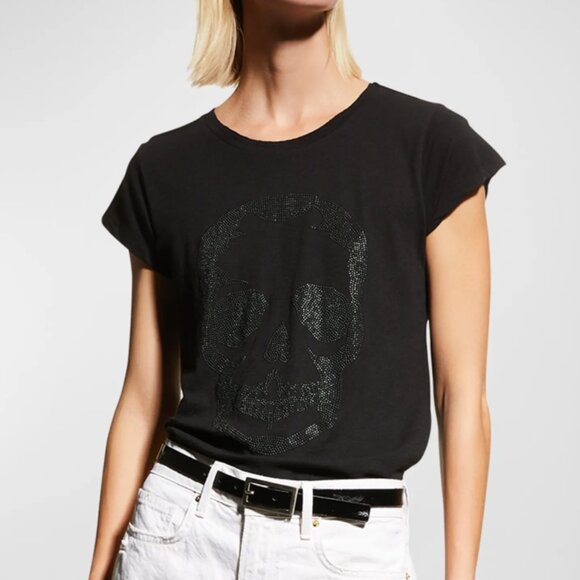 Zadig & Voltaire Strass Stud Skull T-Shirt Womens Small Black Short Sleeve Stret - Picture 2 of 7
